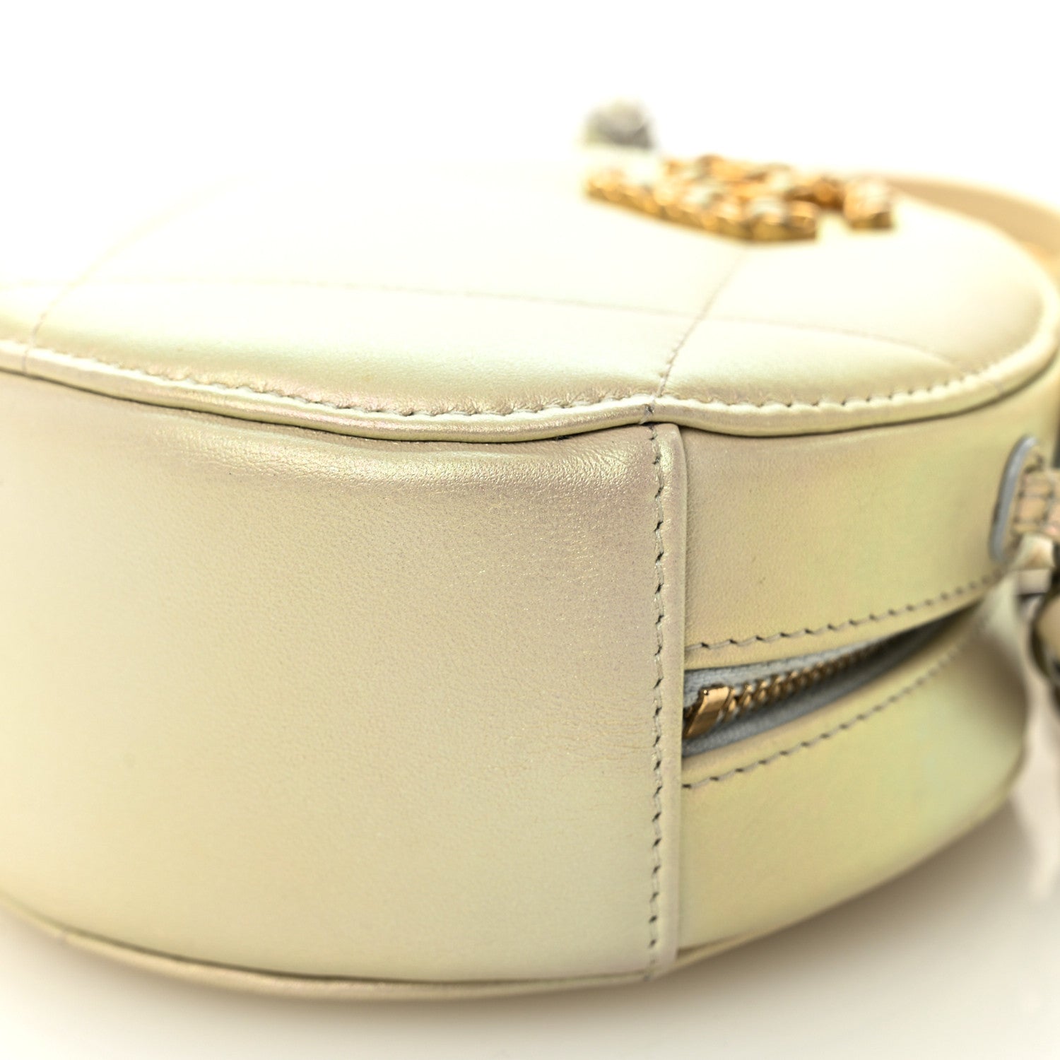 Iridescent Calfskin Quilted Chanel 19 Round Clutch With Chain White