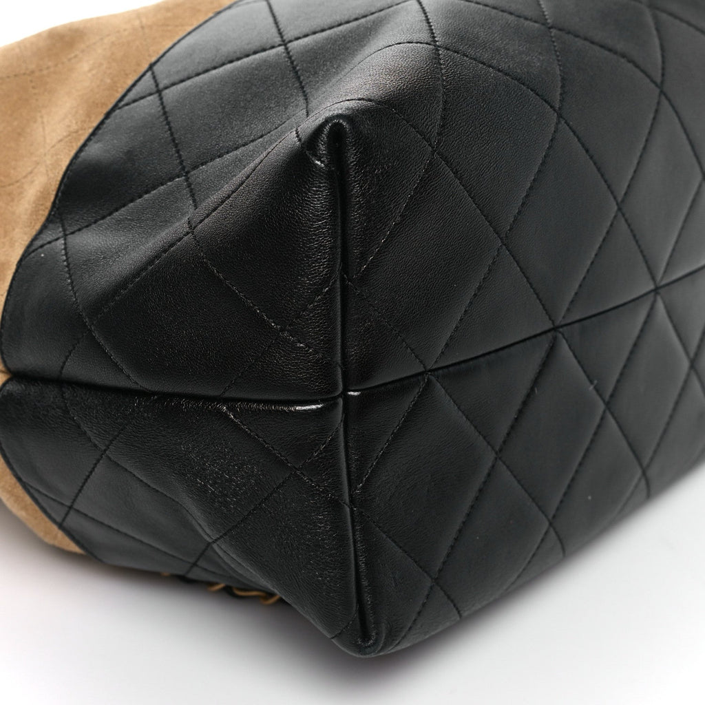 Suede Shiny Lambskin Quilted Large Shopping Bag Beige Black