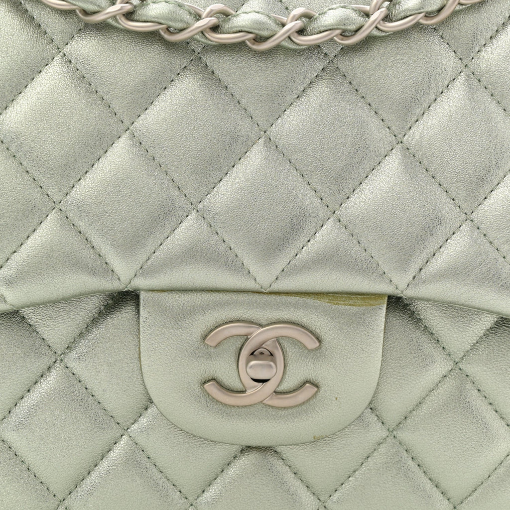 Metallic Lambskin Quilted Jumbo Double Flap Green