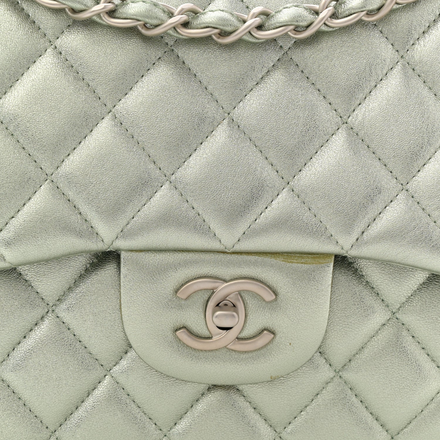Metallic Lambskin Quilted Jumbo Double Flap Green