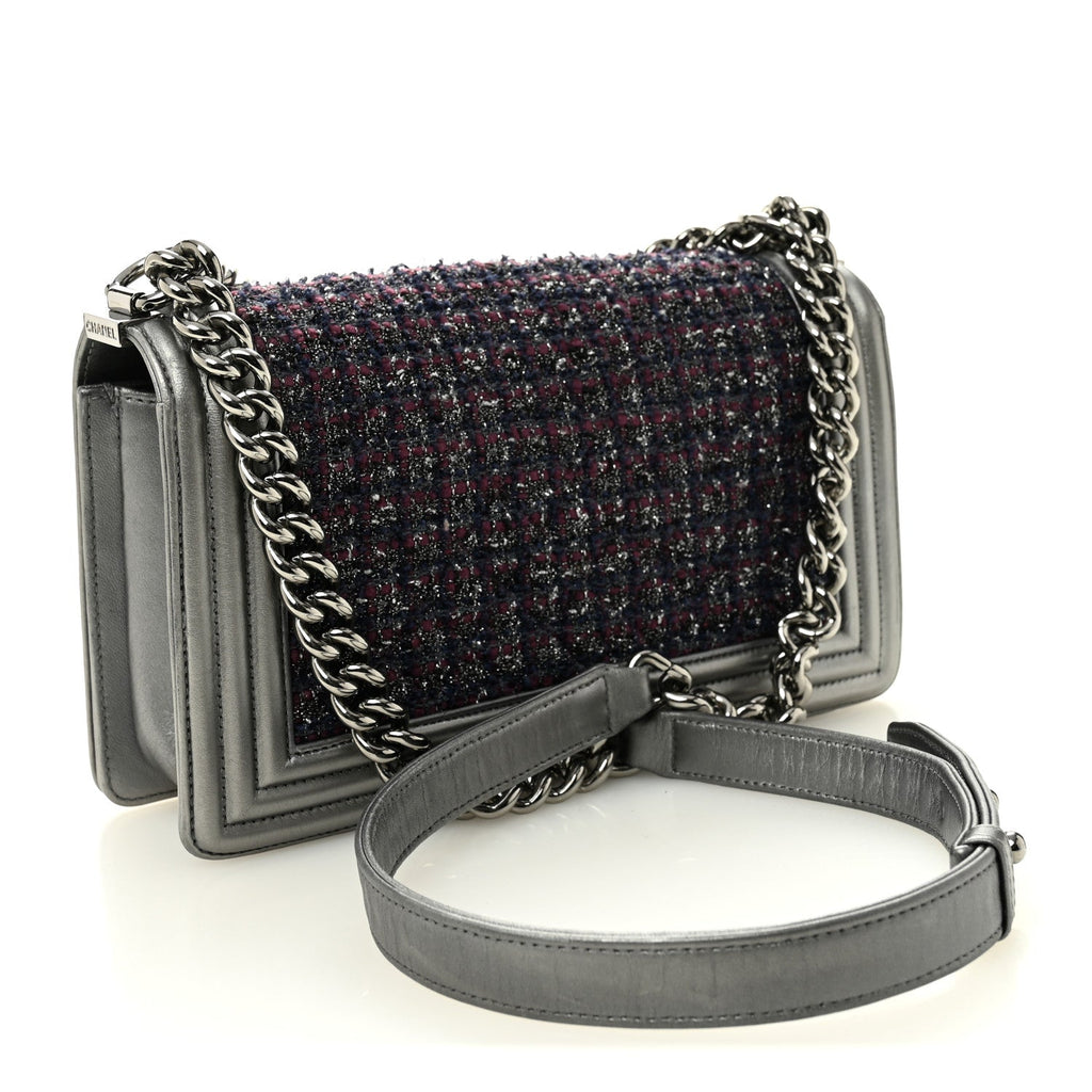 Tweed Metallic Lambskin Medium Boy Flap Silver