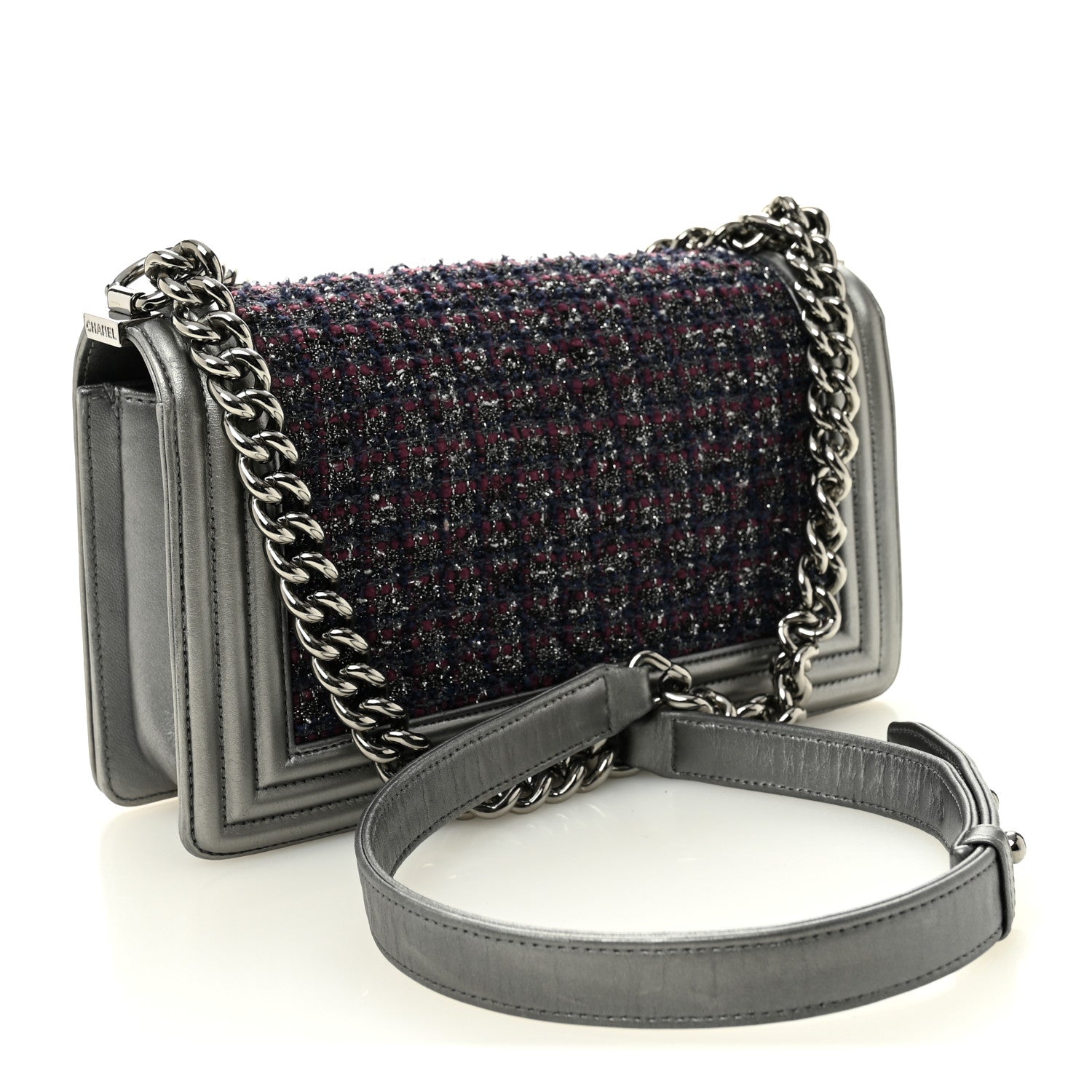 Tweed Metallic Lambskin Medium Boy Flap Silver