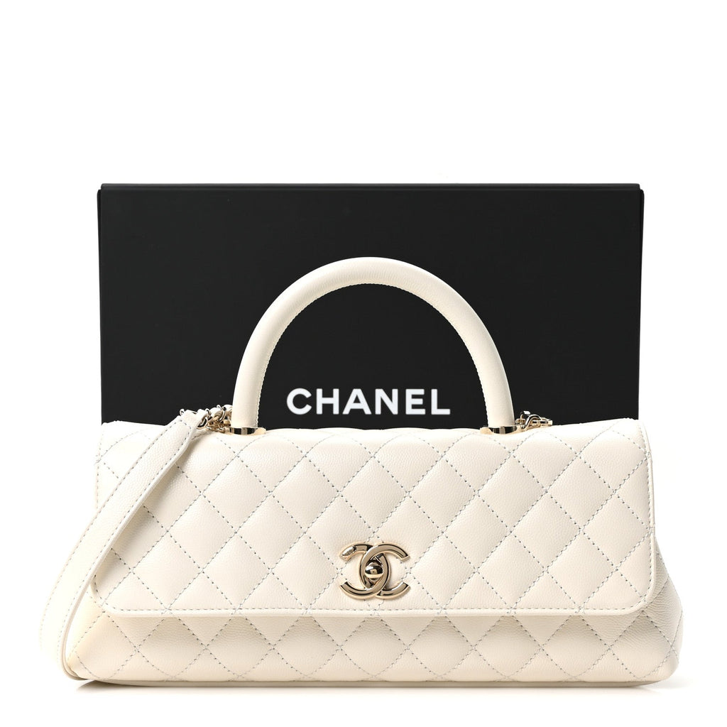 Caviar Quilted Maxi East West Coco Handle Flap White