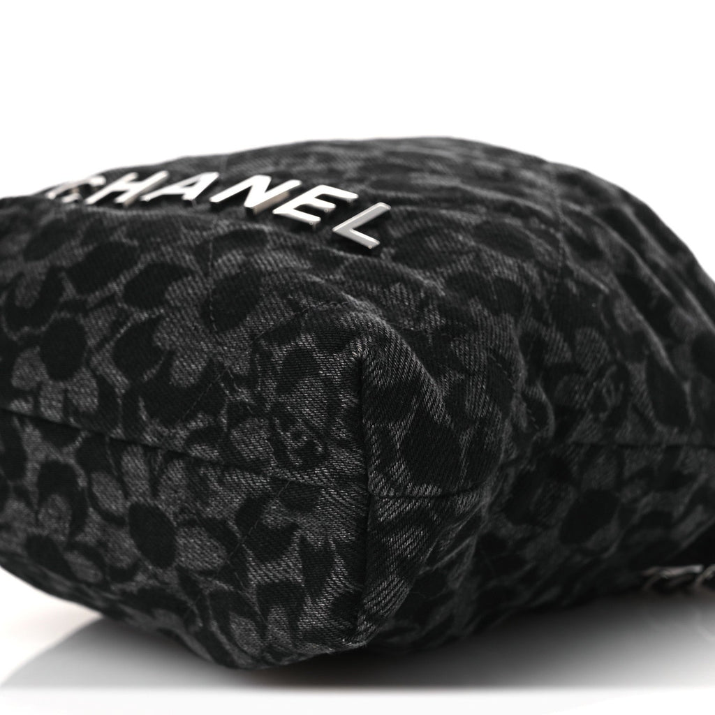 Denim Quilted Floral Print Mini Chanel 22 Black Grey
