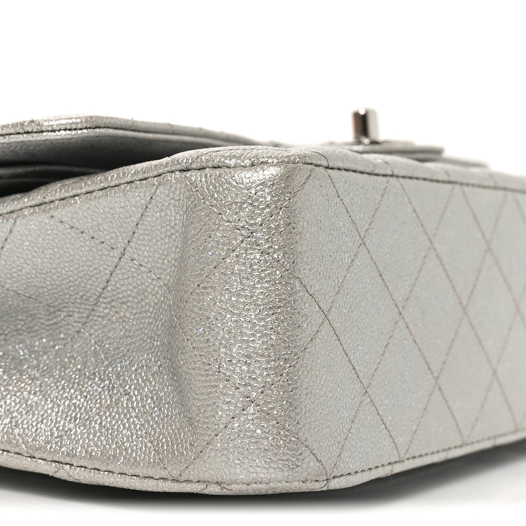 Glittered Metallic Caviar Quilted Medium Double Flap Silver