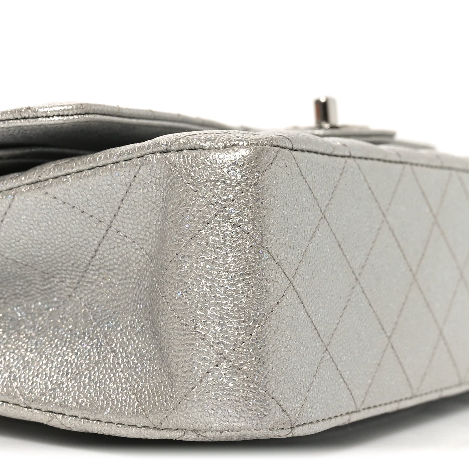 Glittered Metallic Caviar Quilted Medium Double Flap Silver