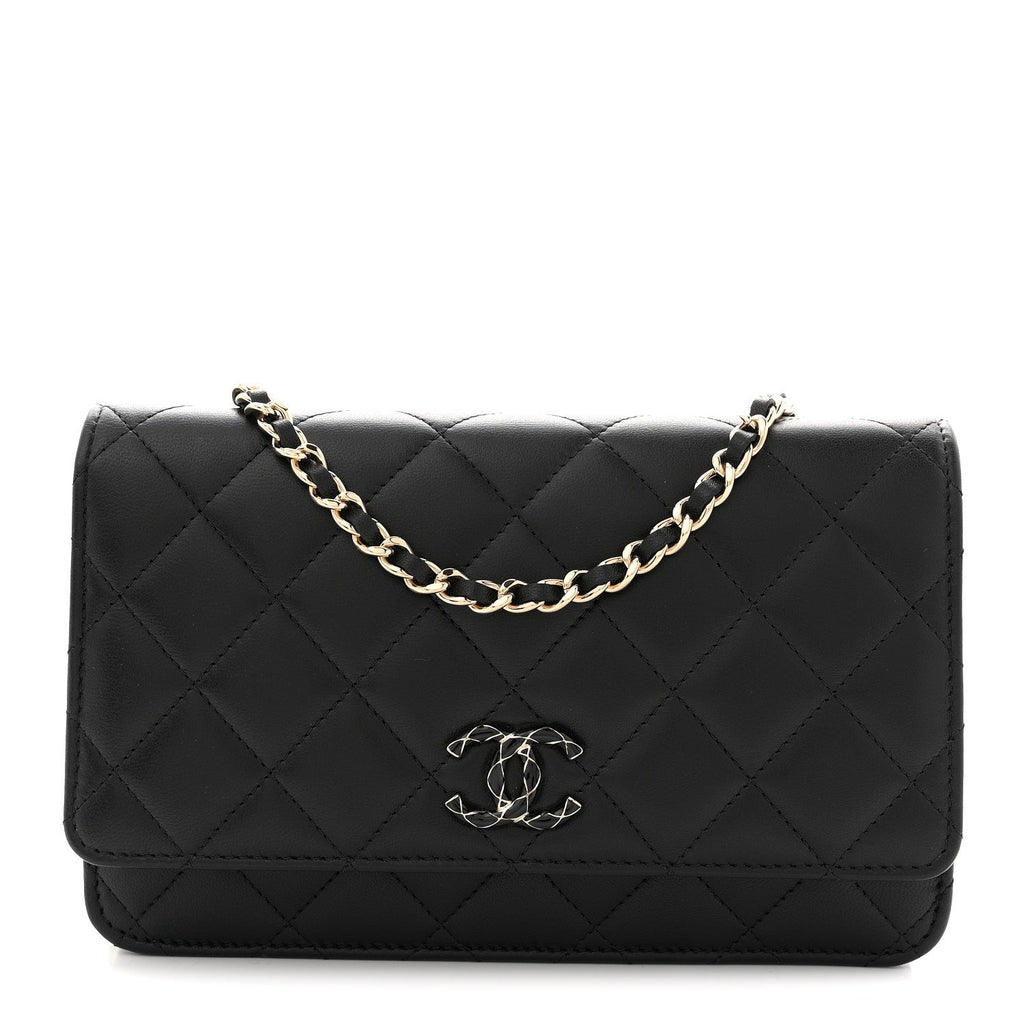 Lambskin Quilted Enamel CC Wallet On Chain WOC Black
