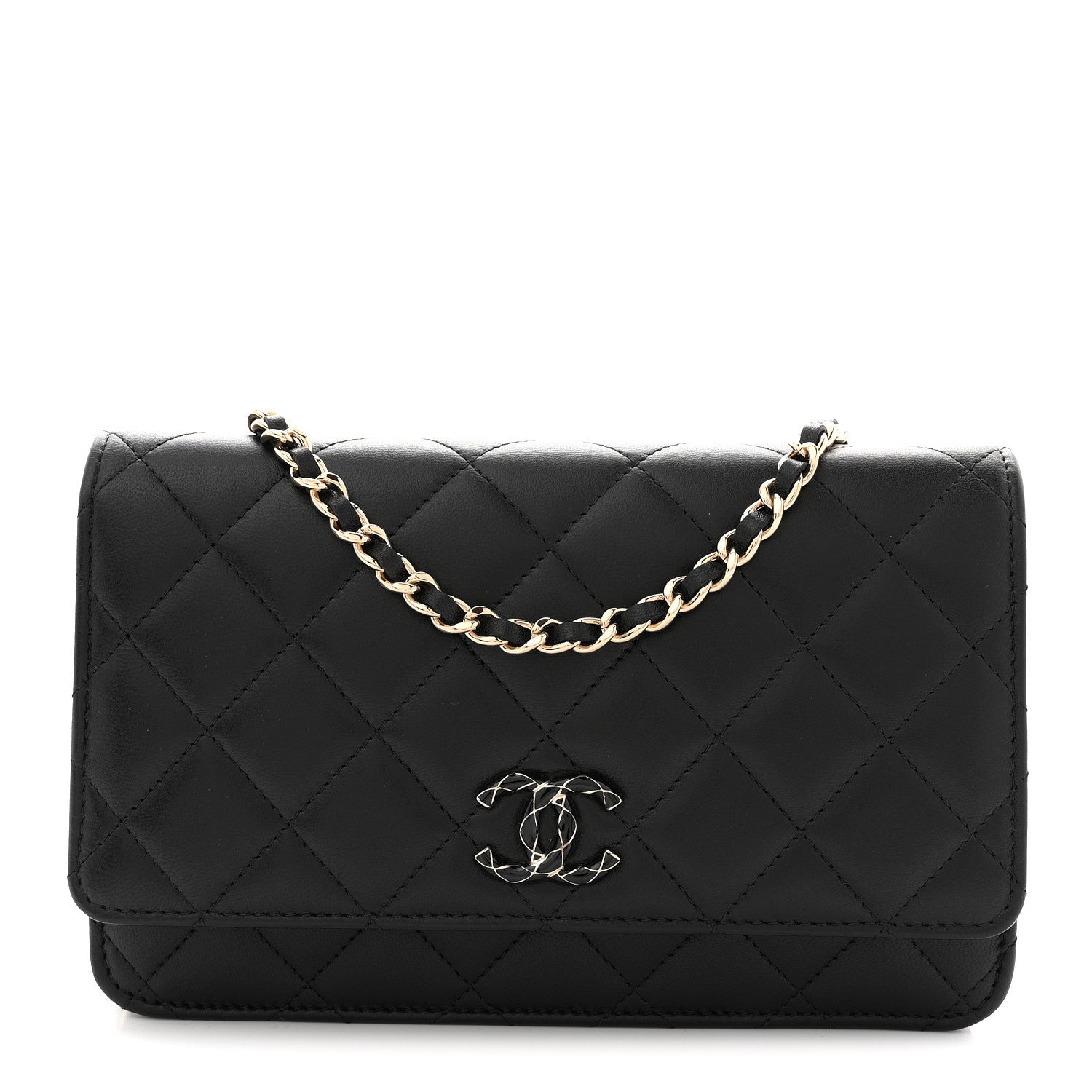 Lambskin Quilted Enamel CC Wallet On Chain WOC Black