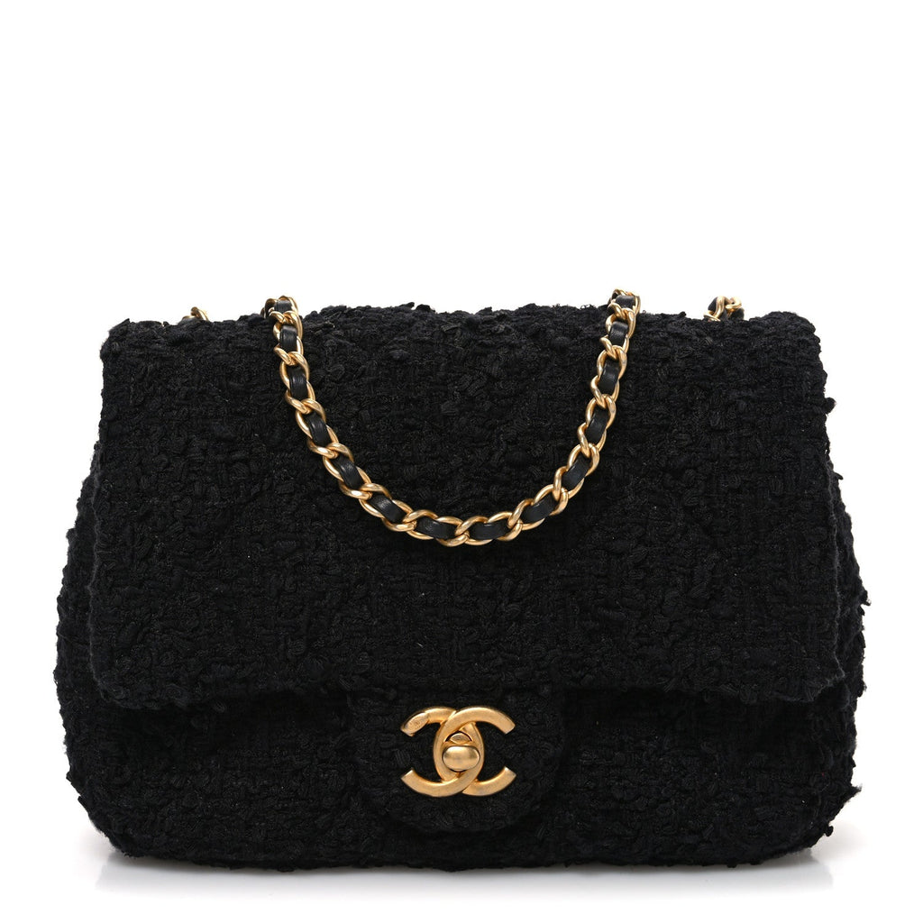 Tweed Quilted Mini Square Flap Black