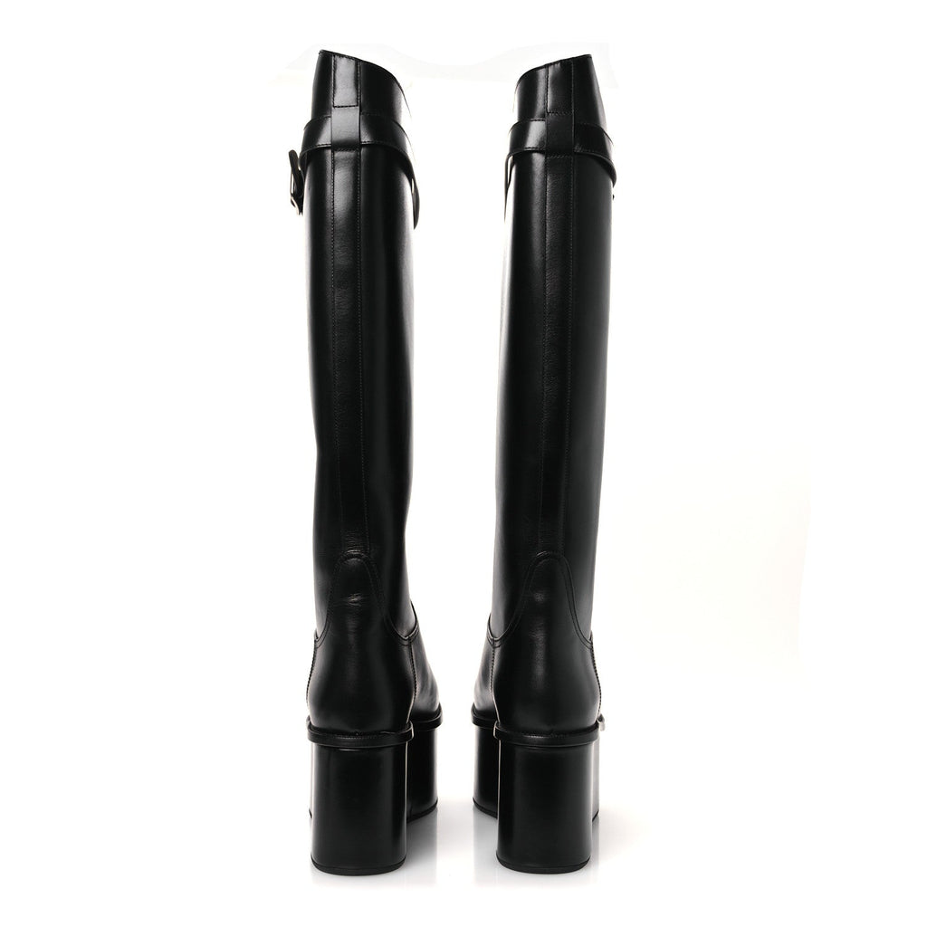 Calfskin Wedge Riding Boots 38 Black