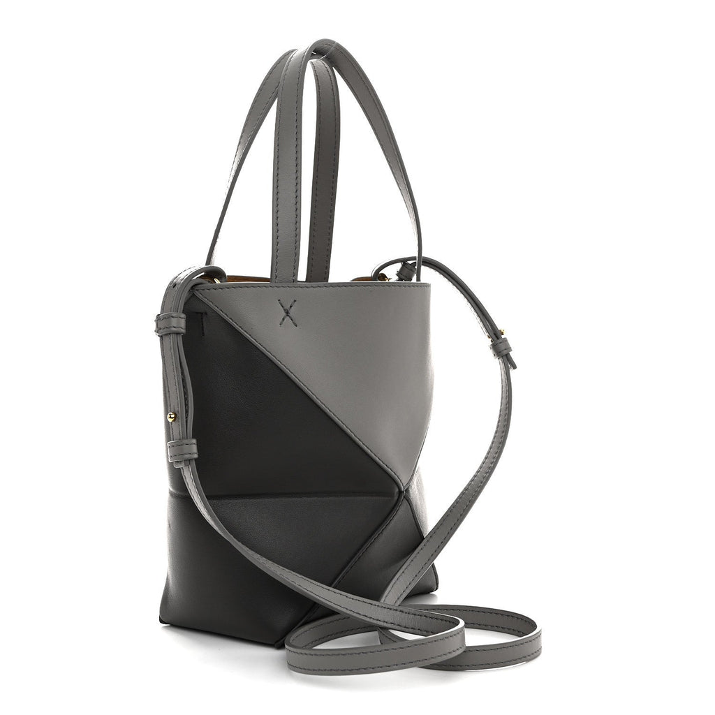 Shiny Calfskin Mini Puzzle Fold Tote Pearl Grey Dark Grey