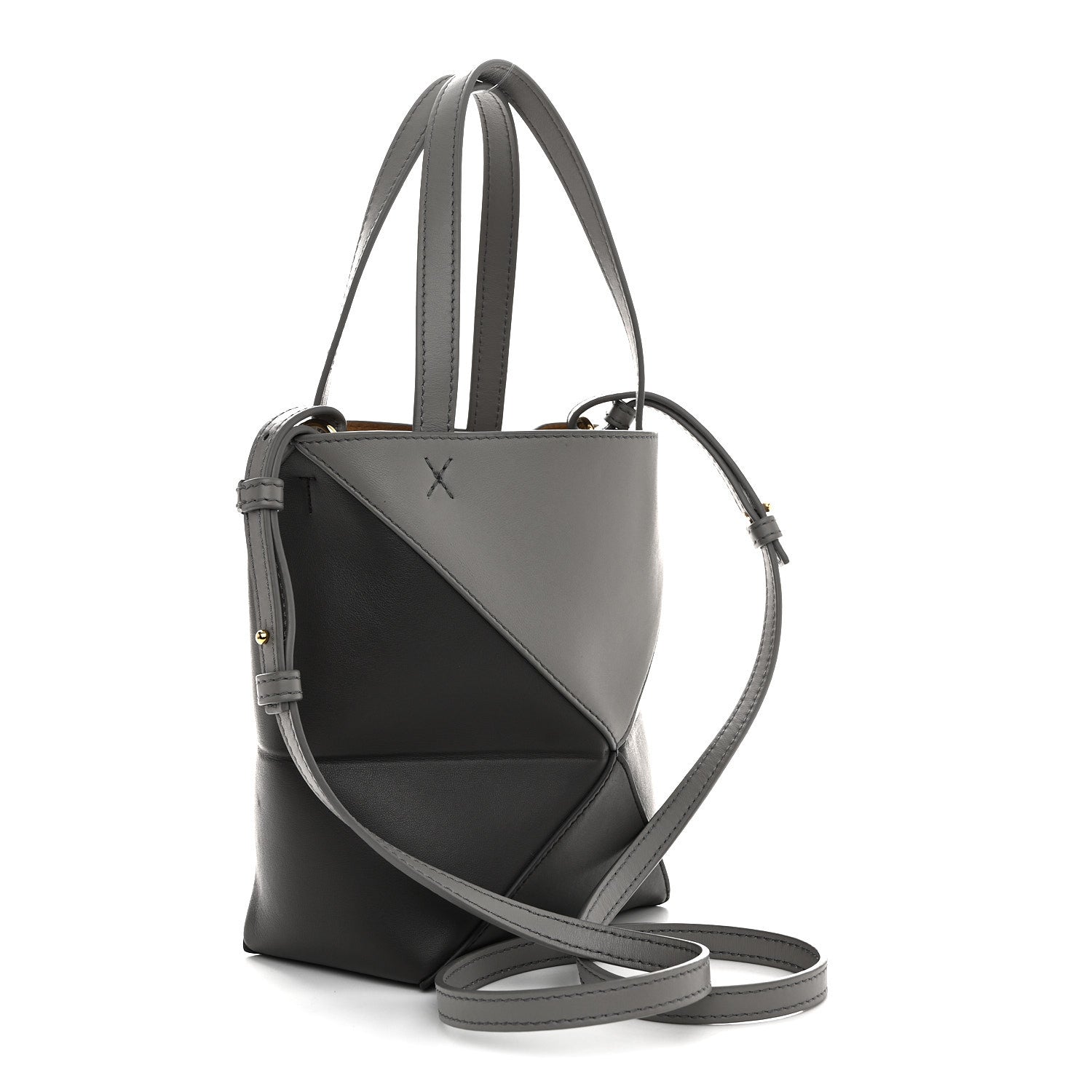 Shiny Calfskin Mini Puzzle Fold Tote Pearl Grey Dark Grey