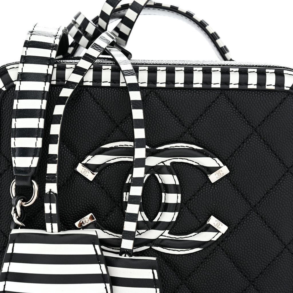 Caviar Quilted Striped Small CC Filigree Vanity Case Black White