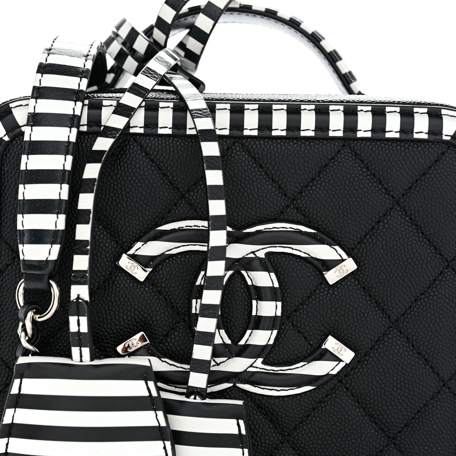 Caviar Quilted Striped Small CC Filigree Vanity Case Black White