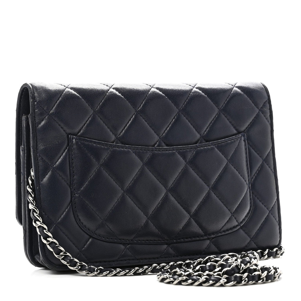 Lambskin Quilted Wallet On Chain WOC Navy Blue