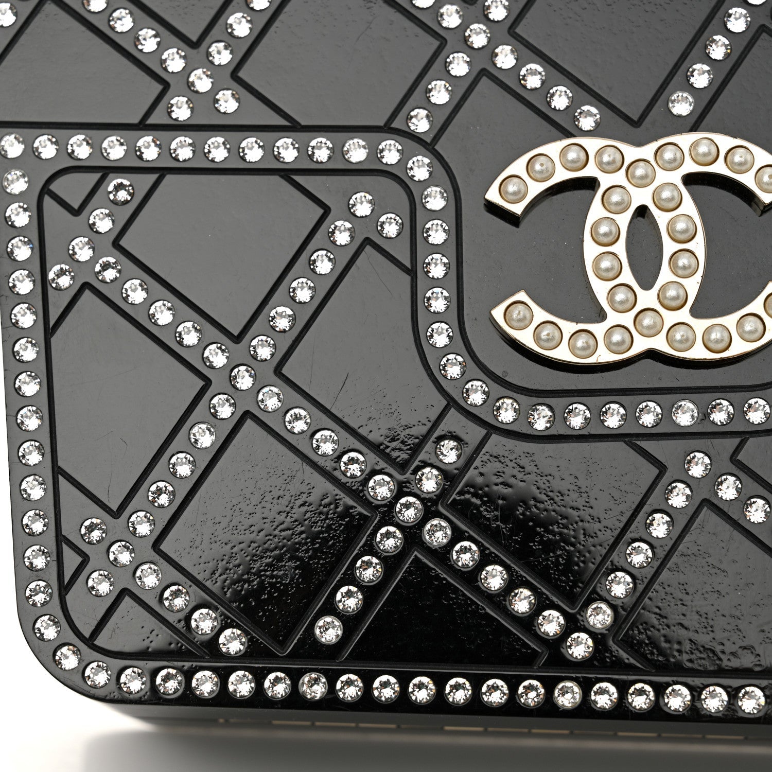 Plexiglass Crystal Quilted Minaudiere Clutch Black White
