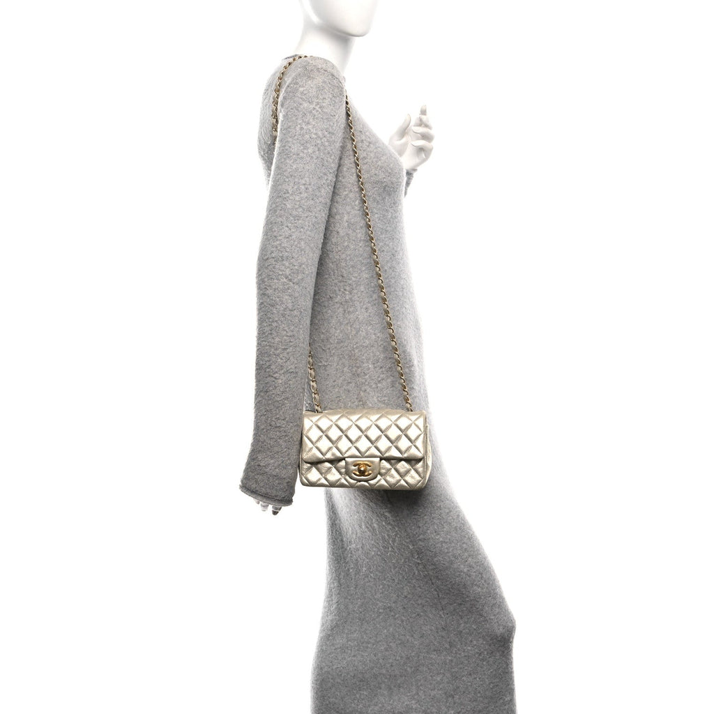 Metallic Lambskin Quilted Mini Rectangular Flap Gold