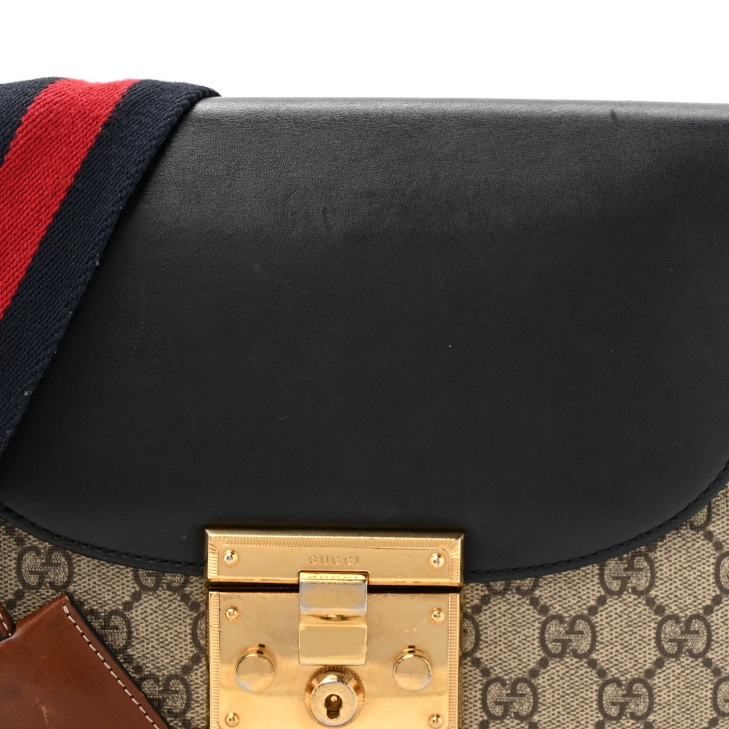 GG Supreme Monogram Web Medium Padlock Messenger Shoulder Bag Black