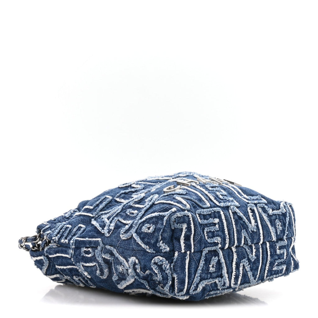 Washed Denim Logo Embroidered Mini Chanel 22 Blue