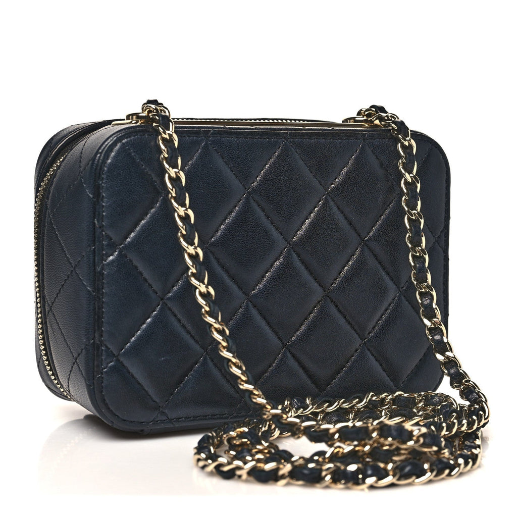 Lambskin Quilted Small Trendy CC Camera Case With Chain Navy