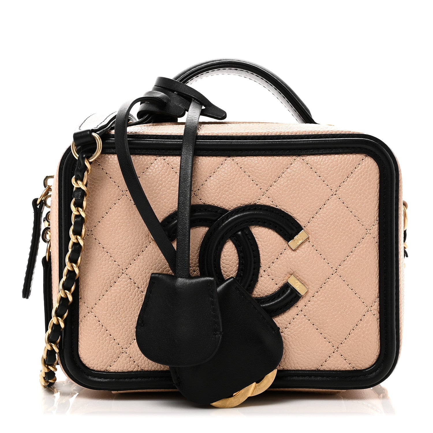 Caviar Quilted Small CC Filigree Vanity Case Beige Black