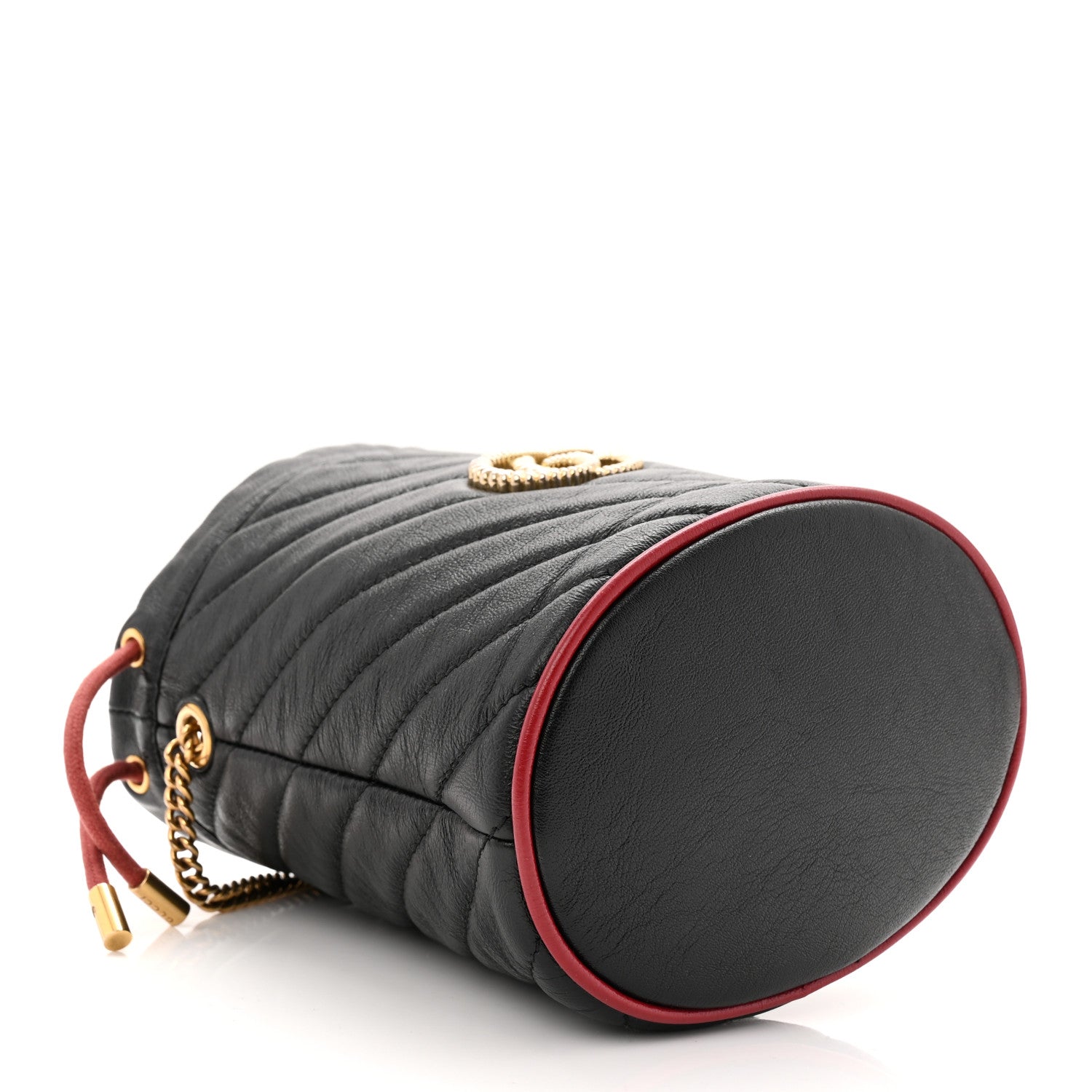 Vintage Effect Calfskin Matelasse Diagonal Mini Torchon GG Marmont 2.0 Bucket Bag Black Romantic Cherry