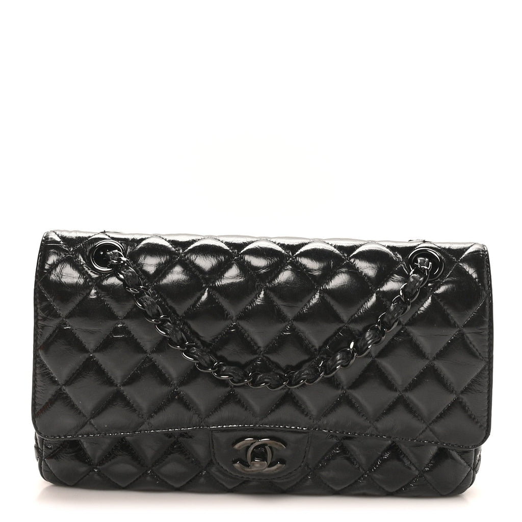 Shiny Crumpled Calfskin Quilted Medium Double Flap So Black