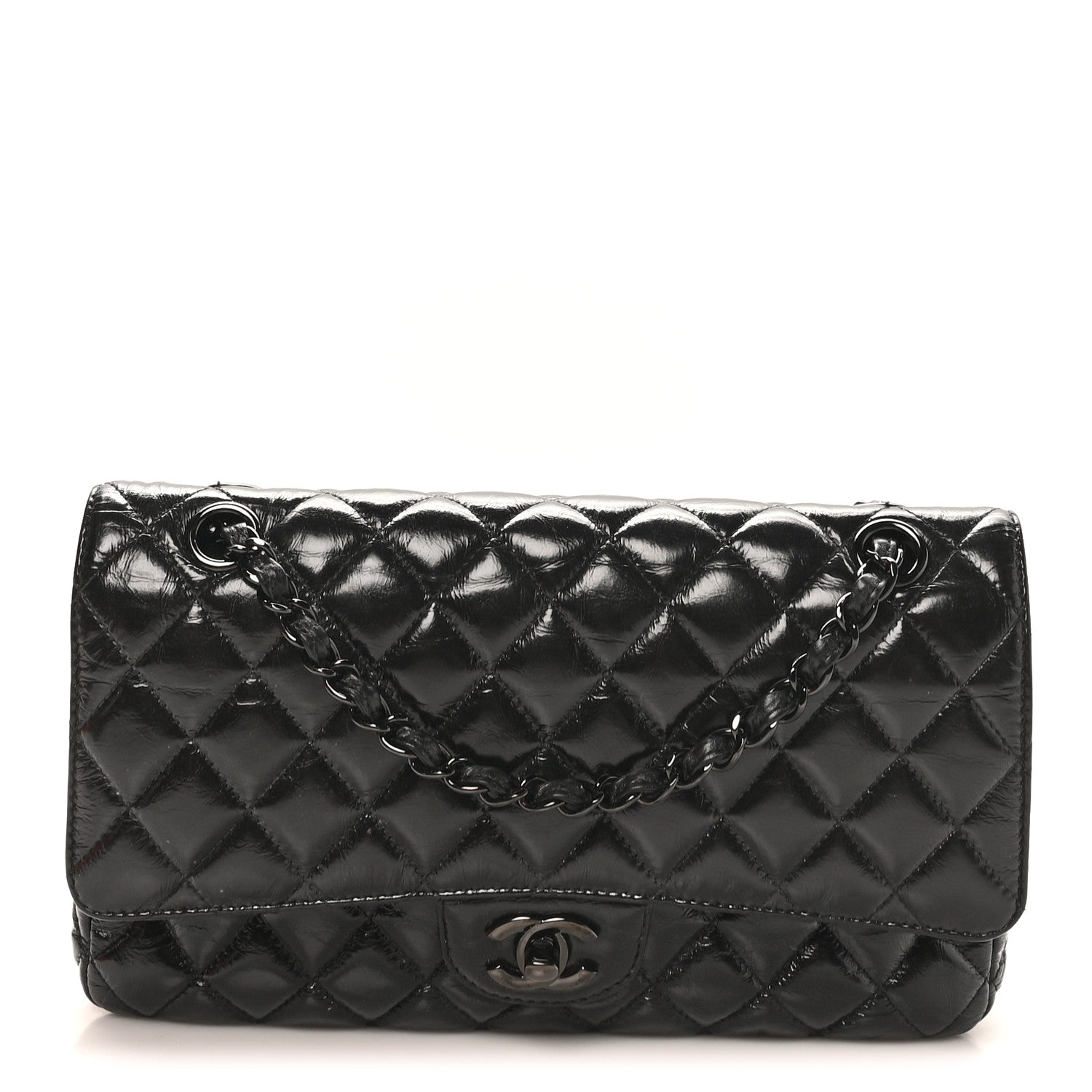 Shiny Crumpled Calfskin Quilted Medium Double Flap So Black