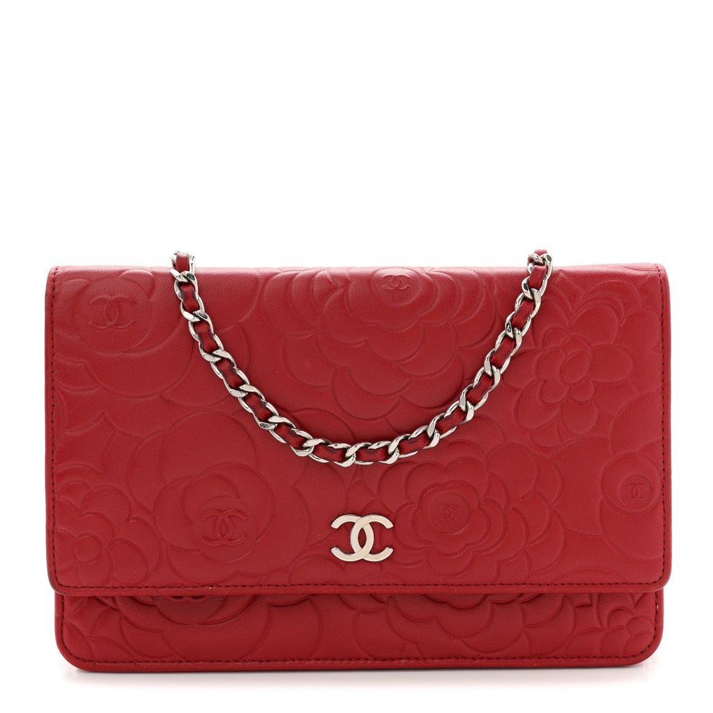 Lambskin Camellia Embossed Wallet On Chain WOC Red