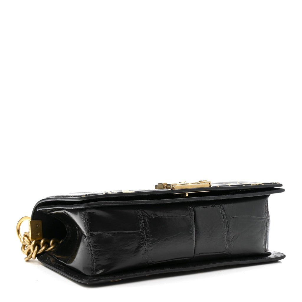 Calfskin Crocodile Embossed Graffiti Cocodile Medium Boy Flap Black
