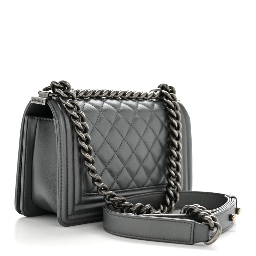 Metallic Calfskin Quilted Small Boy Flap Dark Silver
