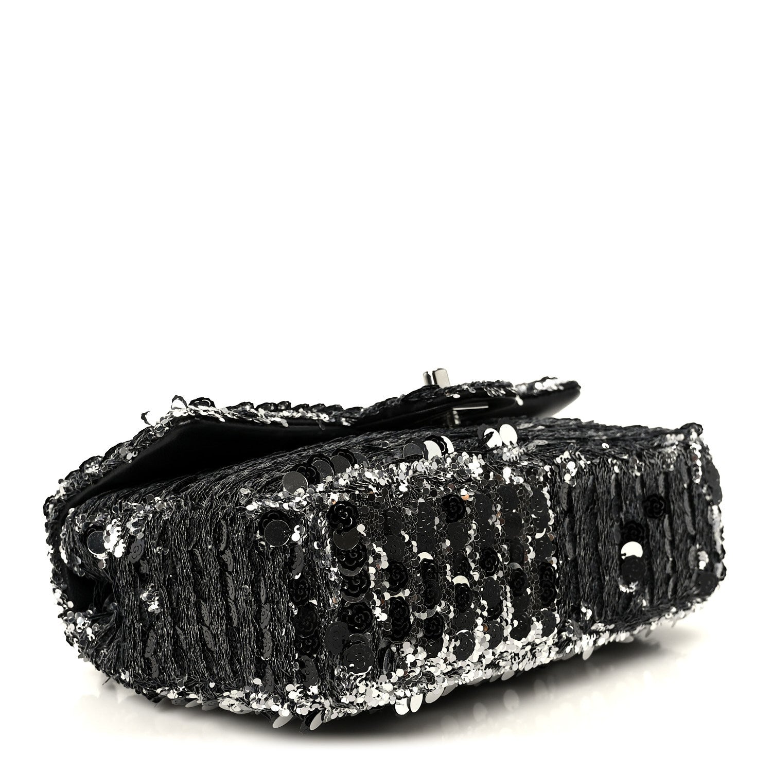 Sequin Camellia Small Single Flap Silver Black