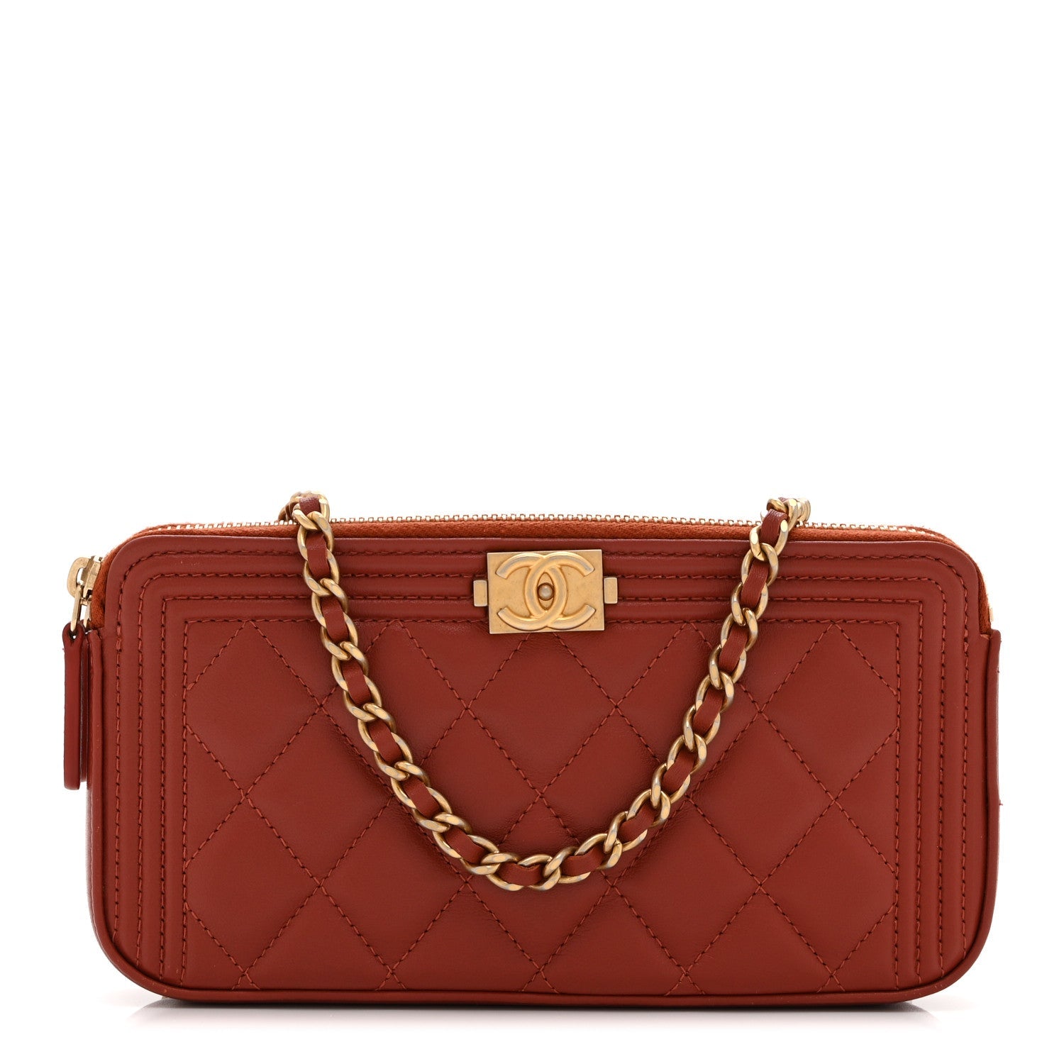 Lambskin Quilted Small Boy Clutch With Chain Orange