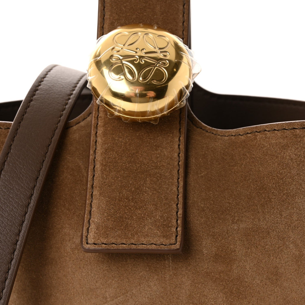Suede Raffia Striped Mini Pebble Bucket Bag Brown
