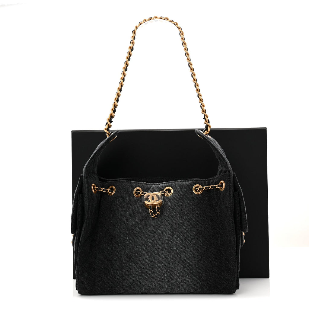 Washed Denim Quilted Small Chanel 25 Handbag Black