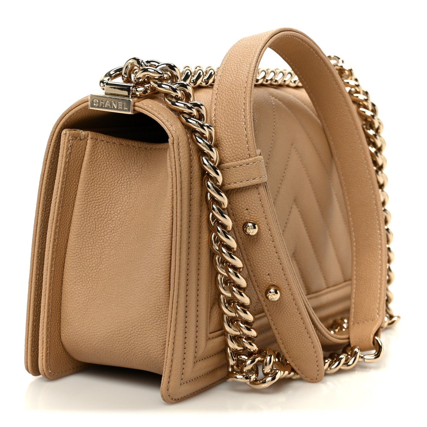 Caviar Chevron Quilted Medium Boy Flap Beige