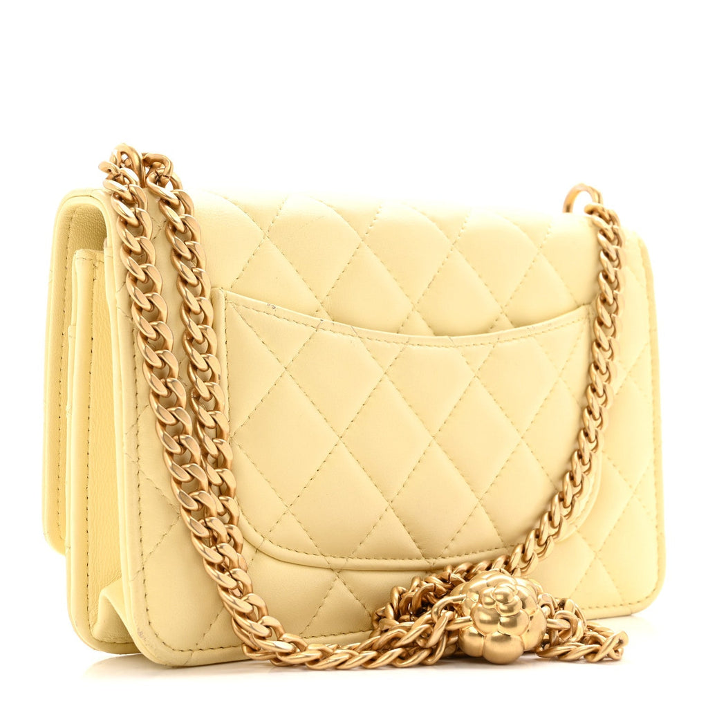 Lambskin Quilted Sweet Camellia Wallet on Chain WOC Yellow