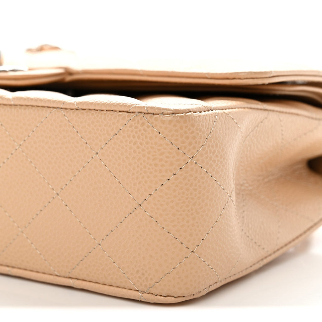 Caviar Quilted Medium Double Flap Beige