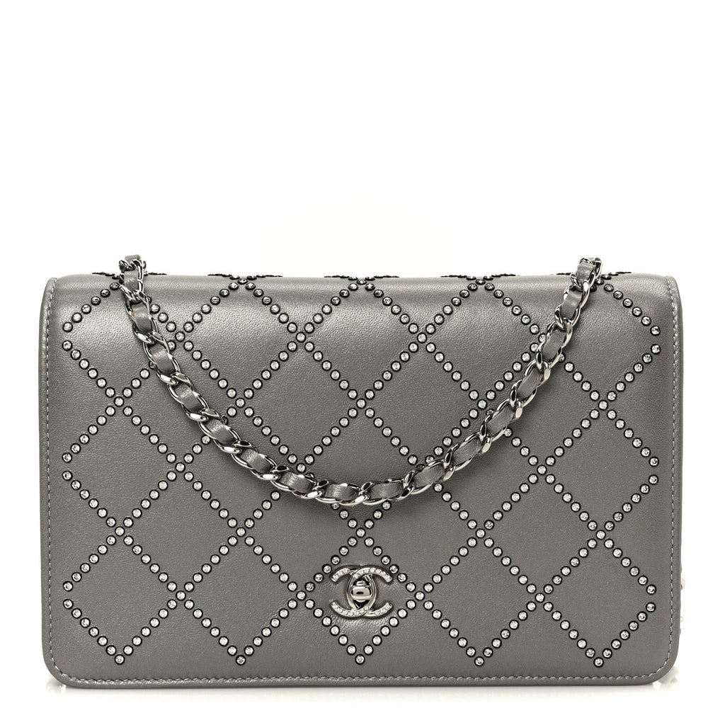 Lambskin Crystal Quilted Wallet On Chain WOC Grey