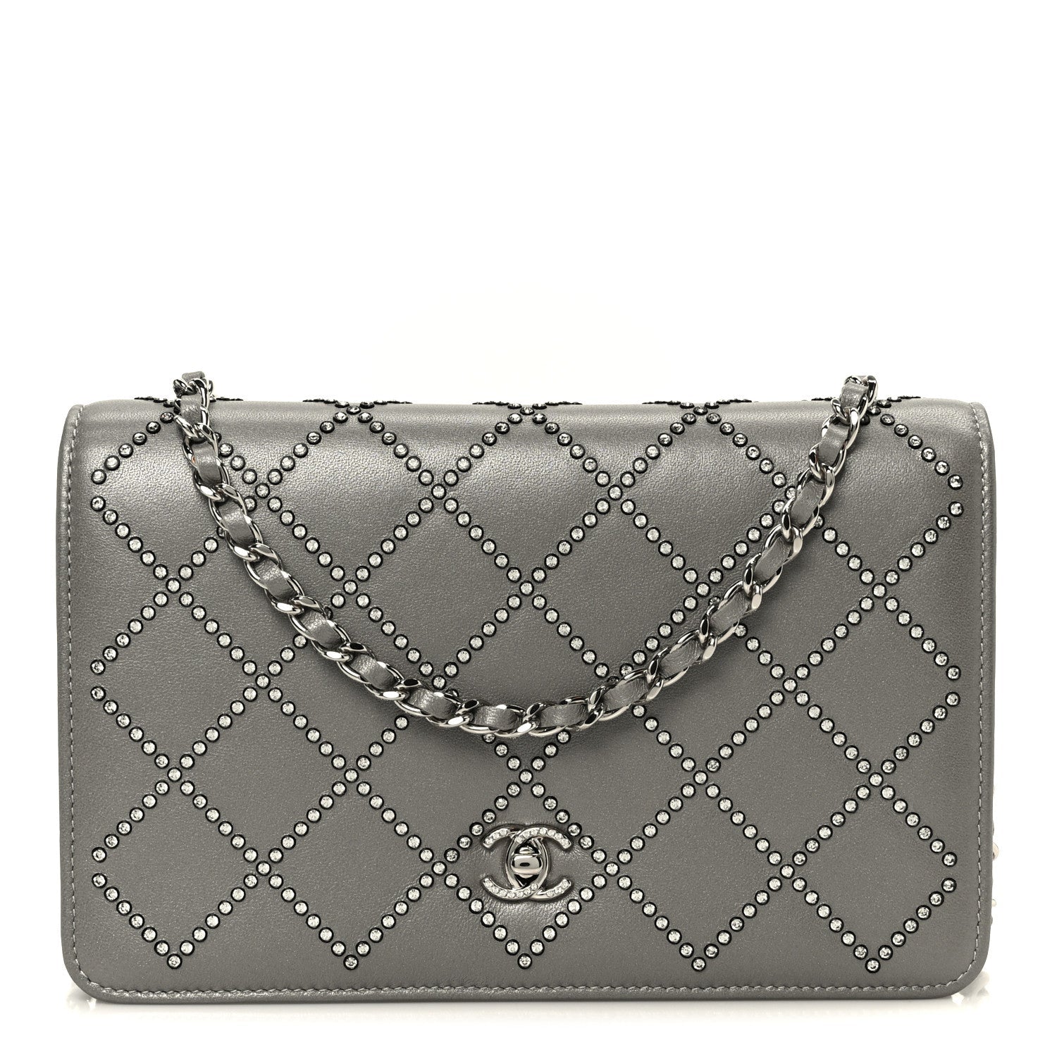 Lambskin Crystal Quilted Wallet On Chain WOC Grey