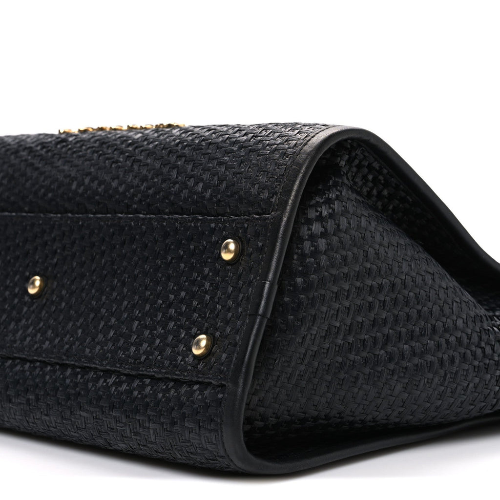 Straw Raffia Calfskin Chain Small Deauville Tote Black