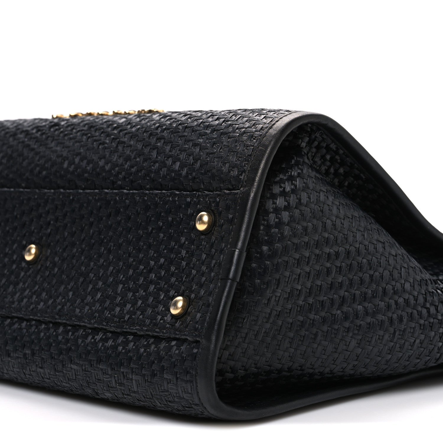 Straw Raffia Calfskin Chain Small Deauville Tote Black