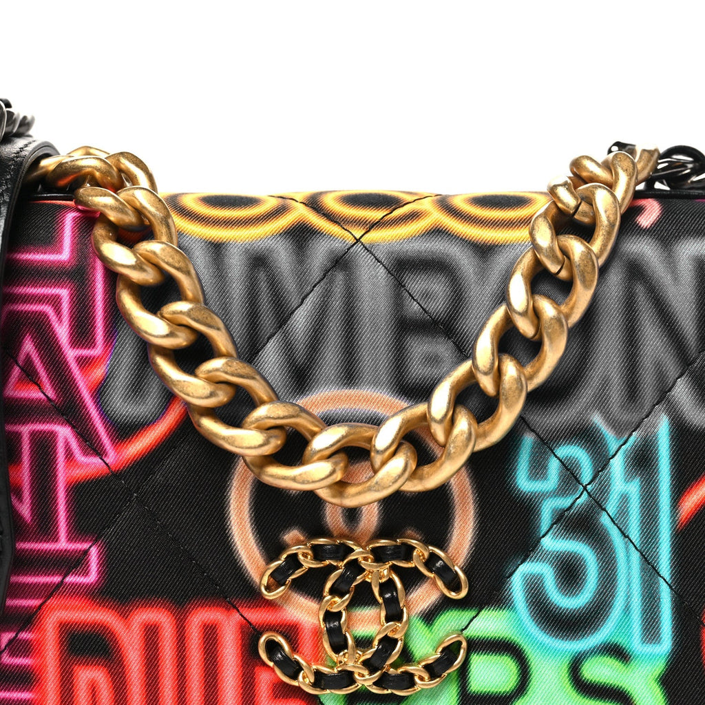 Fabric Printed Chanel 19 Wallet On Chain WOC Black Multicolor