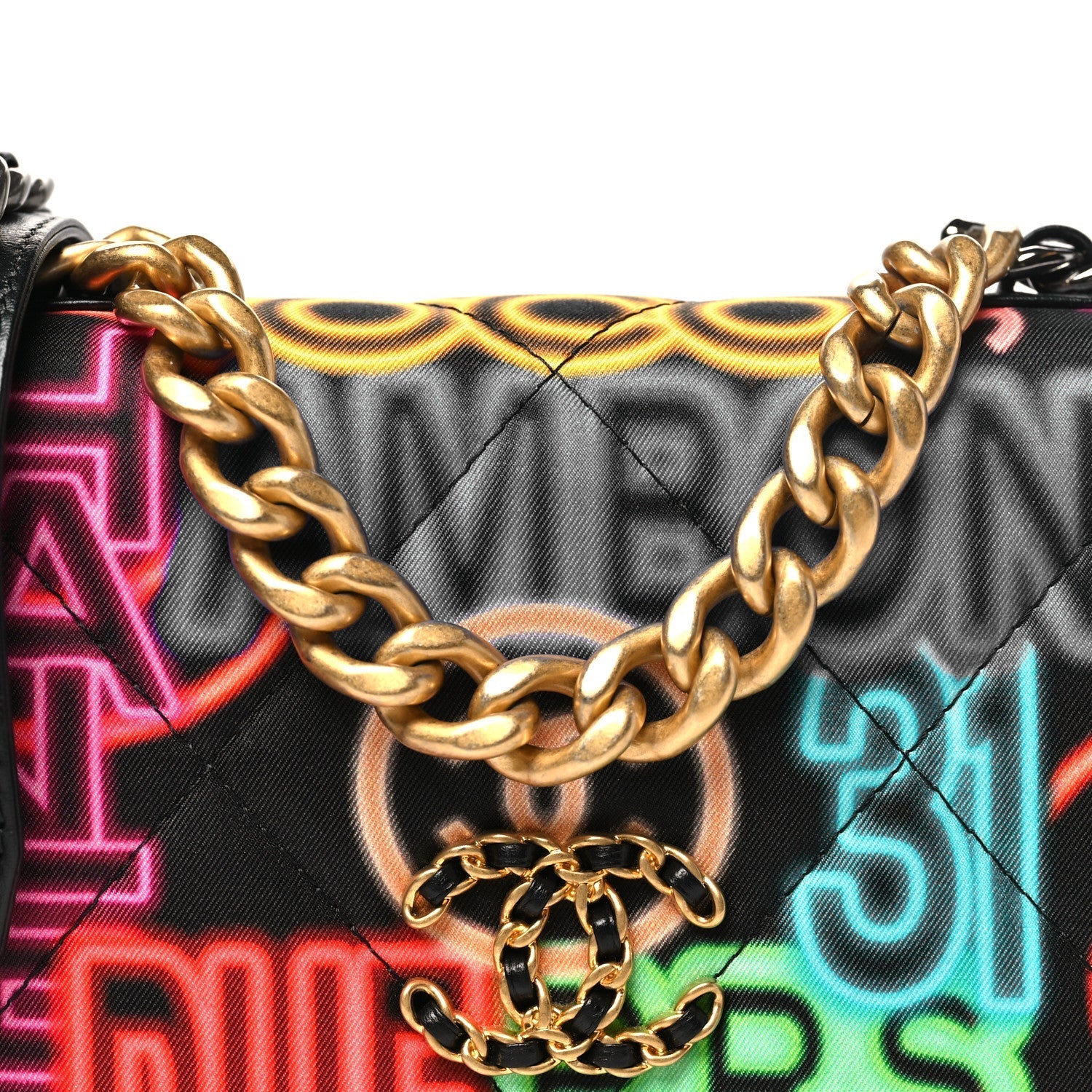 Fabric Printed Chanel 19 Wallet On Chain WOC Black Multicolor