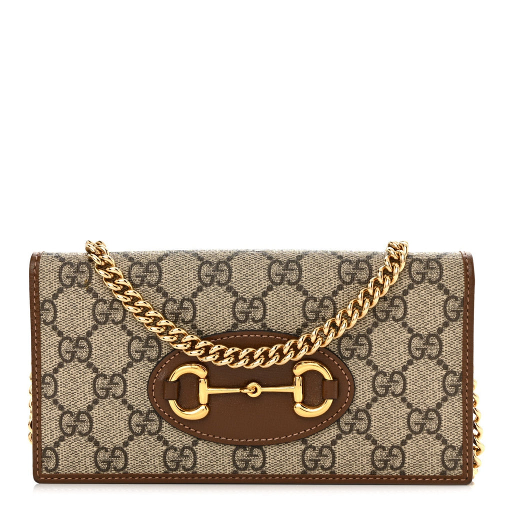 GG Supreme Monogram Azalea Calfskin Horsebit 1955 Wallet On Chain Beige Ebony Brown Sugar