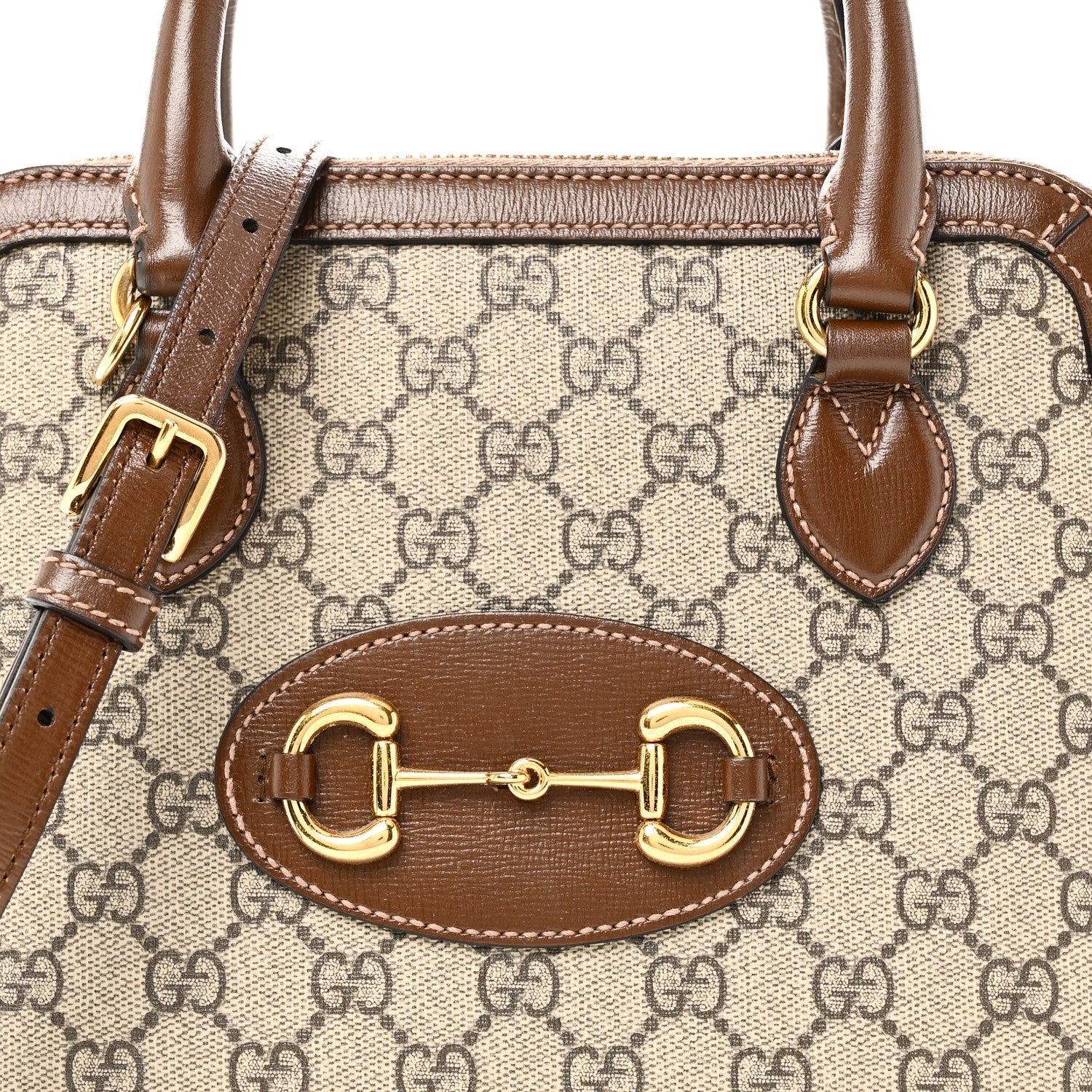 GG Supreme Monogram Azalea Calfskin Small Horsebit 1955 Top Handle Bag Beige Ebony Brown Sugar
