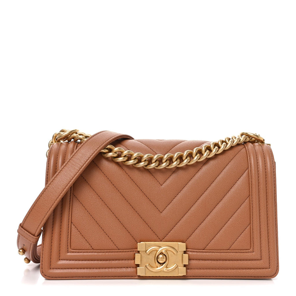 Caviar Chevron Quilted Medium Boy Flap Brown