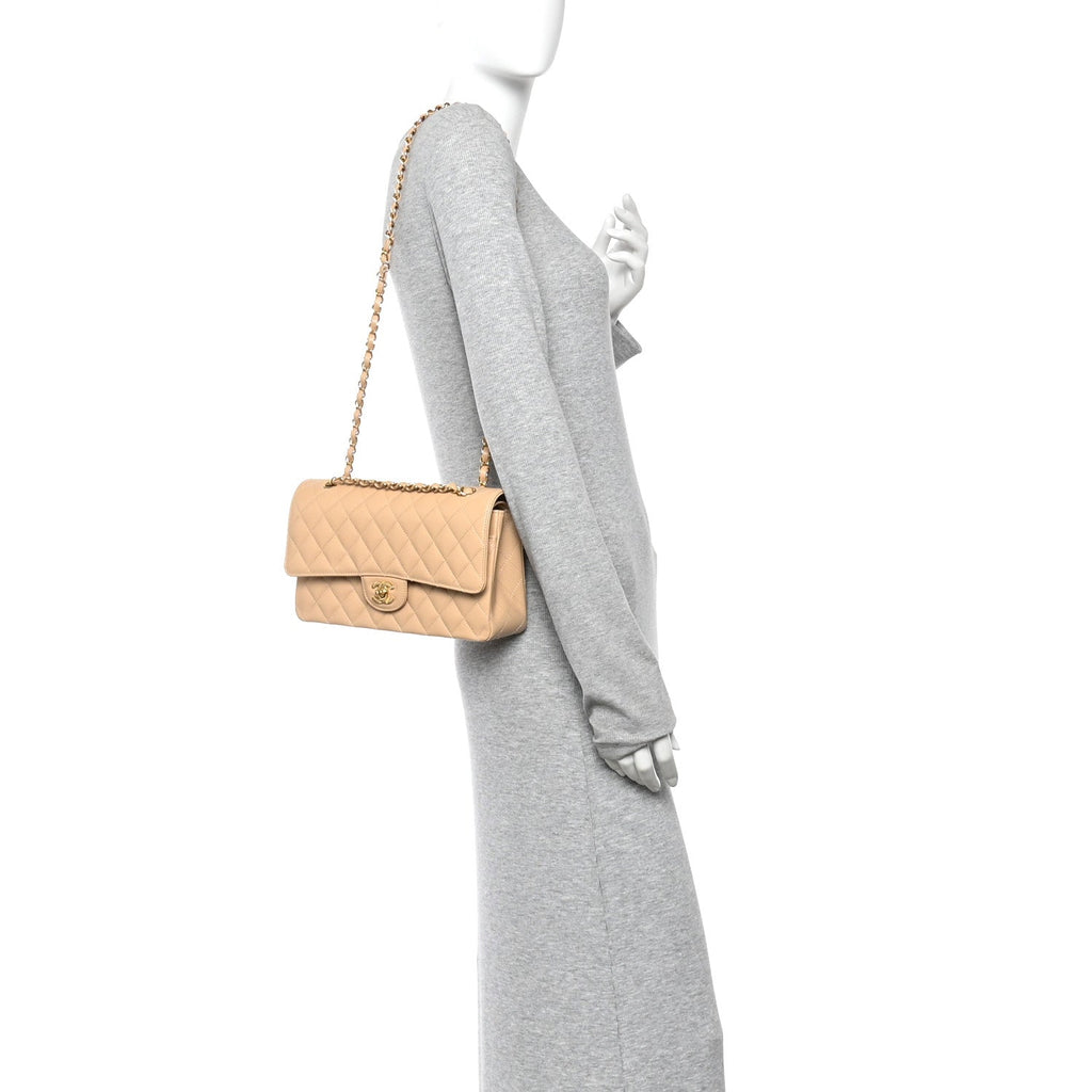 Caviar Quilted Medium Double Flap Beige