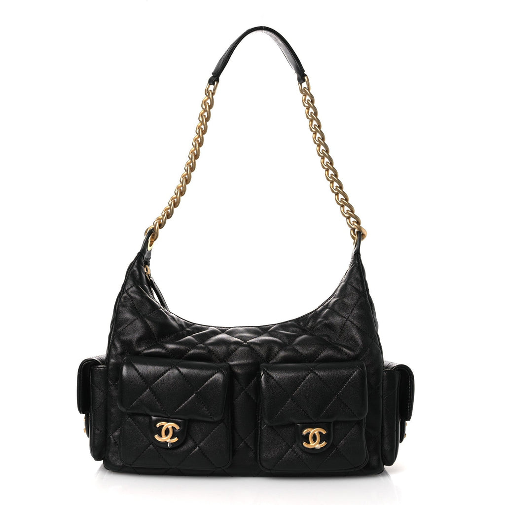Shiny Lambskin Quilted Trendy Pockets Hobo Black