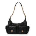 Shiny Lambskin Quilted Trendy Pockets Hobo Black